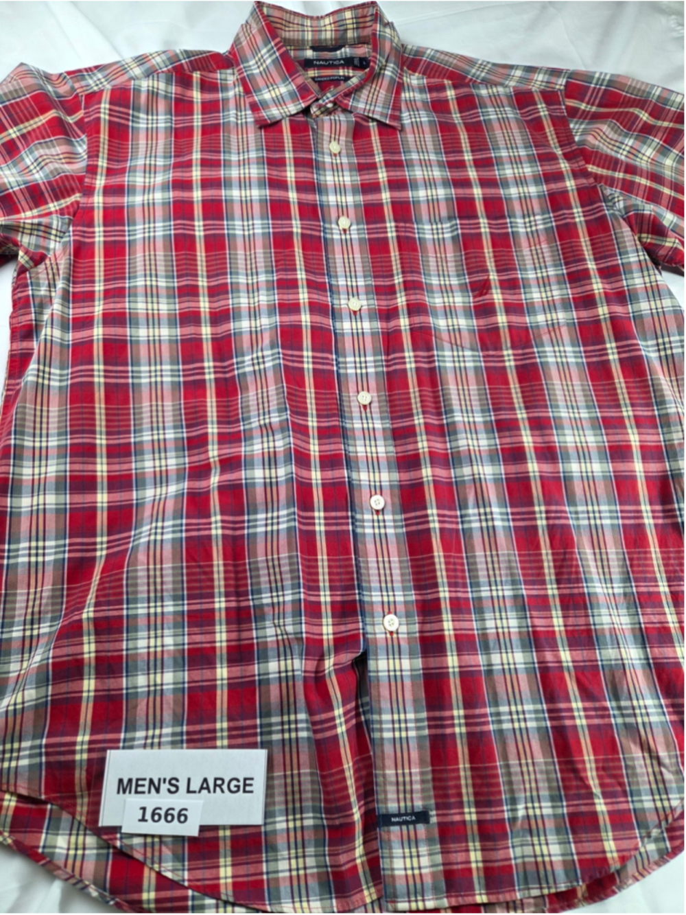 Men's Nautica Casual Button Down Shirt Large Red White Plaid #1666